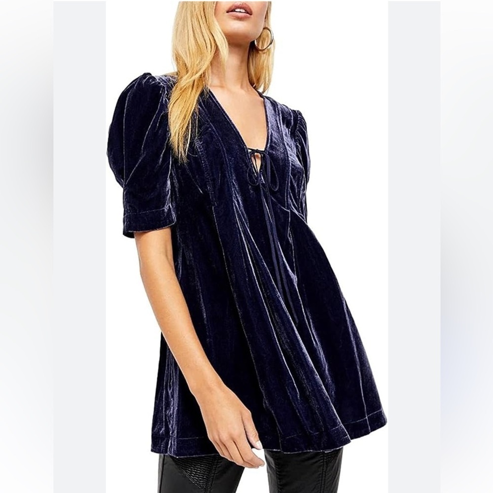 Free People Adelle Velvet Puff Sleeve Deep V-Neck Tie Front Tunic Top Size S